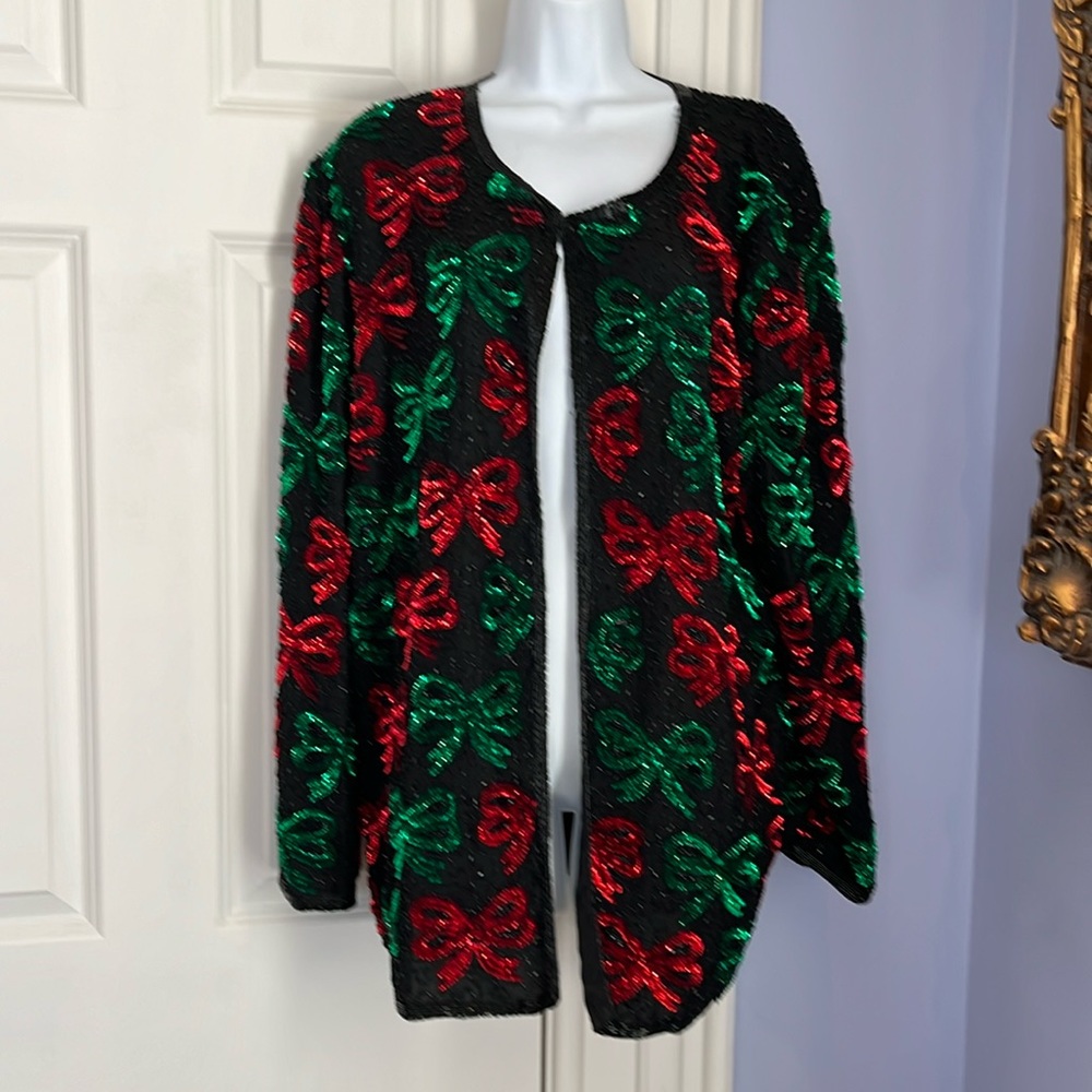 Vintage 90s Laurence Kazar Holiday Sequined Silk Blazer Sz 2X